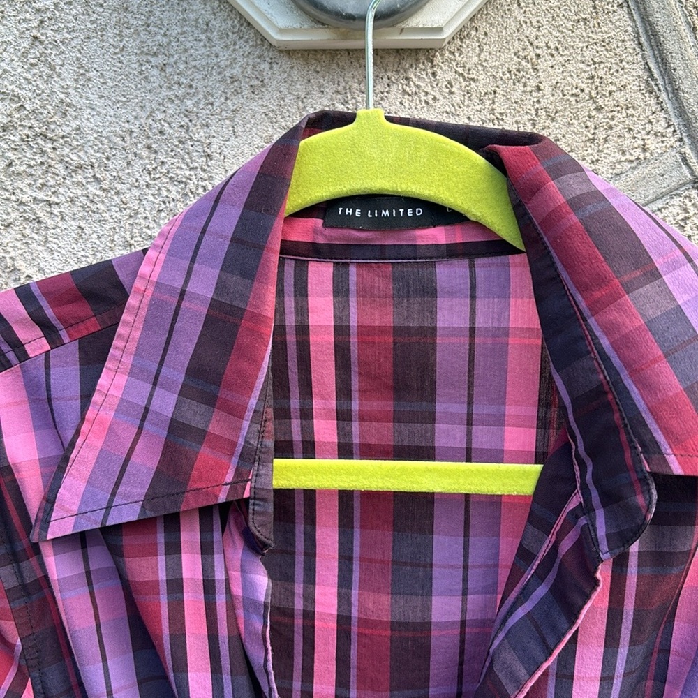 THE LIMITED PINK & PURPLE PLAID BLOUSE LARGE BELTED WRAP SIZE LARGE - Picture 4 of 6
